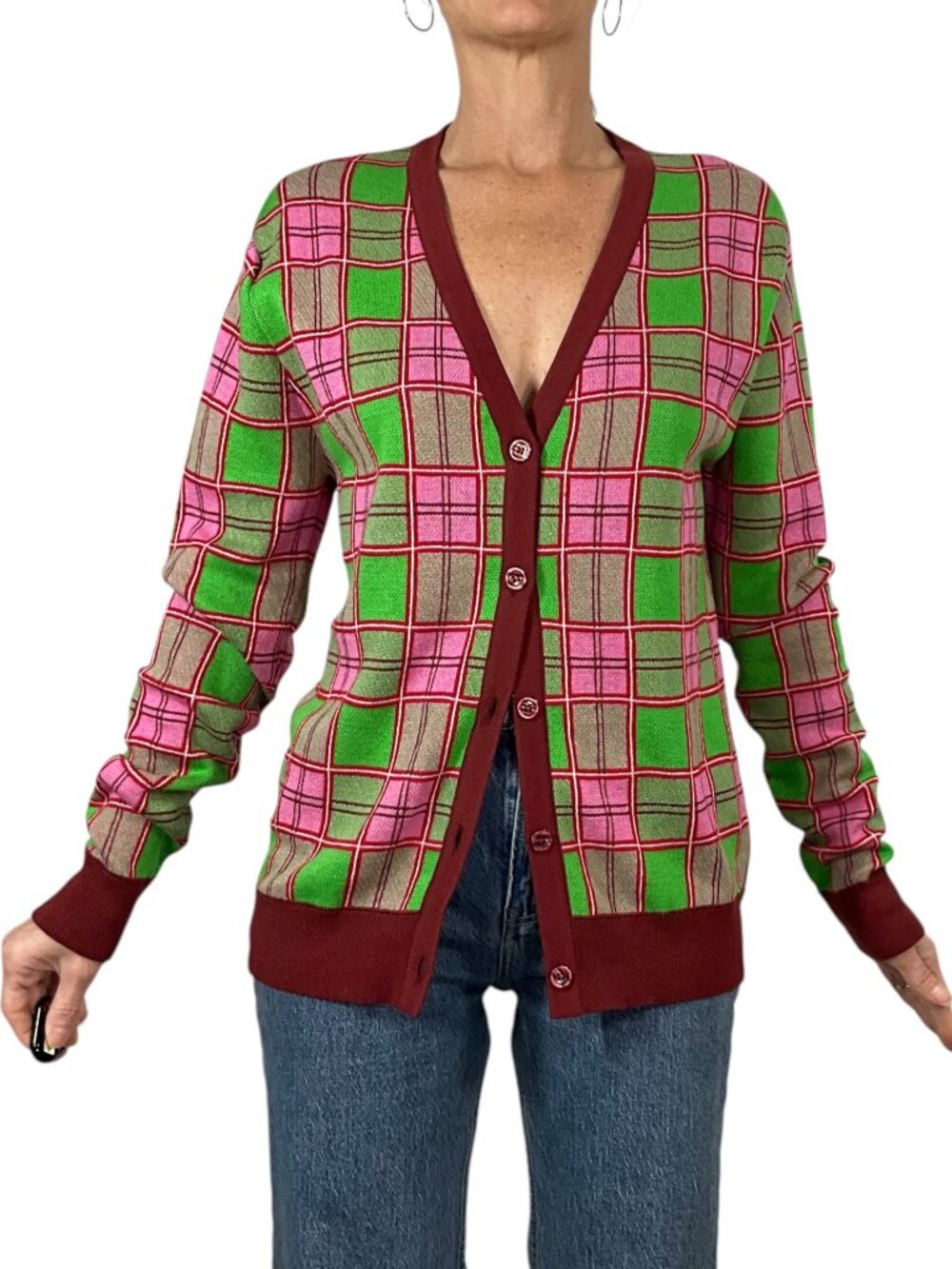 Molly Goddard Emma Cardigan Sweater M Pink Green Tartan Plaid Combed Cotton - Picture 2 of 16
